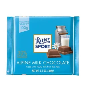 RITTER SPORT, ALPINE MILK CHOCOLATE 30% COCOA 12X100G