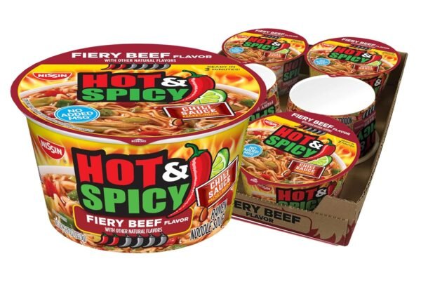 NISSIN HOT & SPICY RAMEN NOODLE SOUP, FIERY BEEF 6 CT