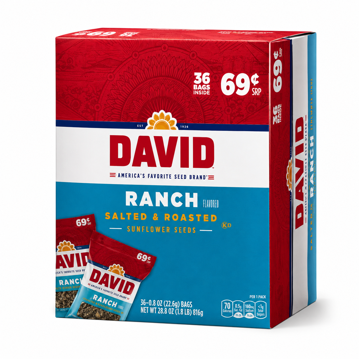 DAVID, SUNFLOWER SEEDS RANCH 69 C 0.8 OZ 36 CT